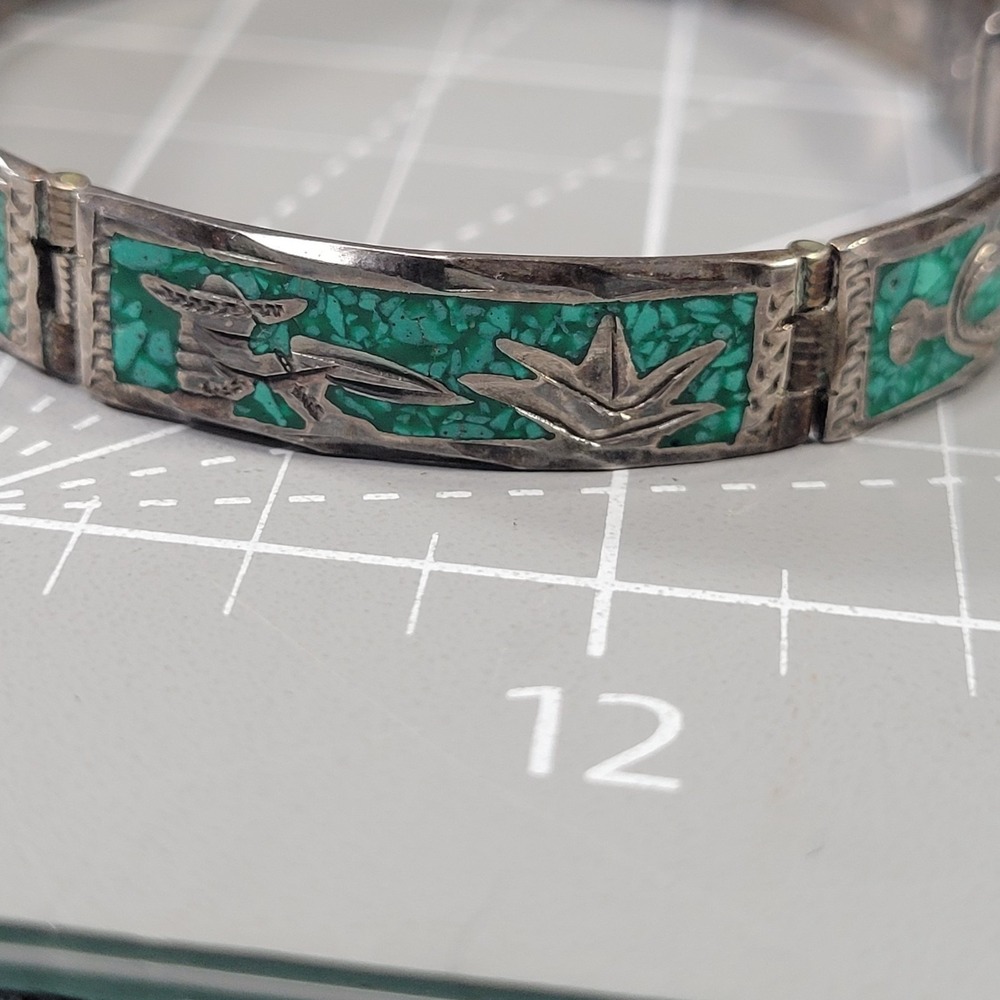 Vintage Mexican 925 Sterling Silver Bracelet Turquoise Mosaic Link 15 Grams - Picture 3 of 11